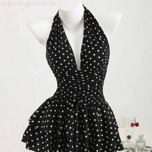 Fengyu Women's Clothing Store Vestido mini ajustado con cuello en V profundo y espalda descubierta con estampado de lunares negros y blancos y volantes en el bajo, elegante, romántico, bohemio, sexy y casual, versátil vestido de verano para mujer - Negro - Ver 2
