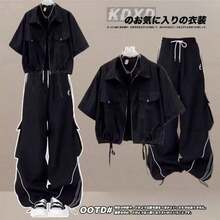 Women Two-Piece Outfits - Black Short-sleeved Shirt + Black Cargo Pants - View 3