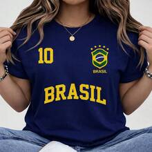 Women's T-Shirt/Blouse, 100% Cotton, Streetwear, Brazil, World Cup, Flag, Soccer - 藏蓝色 - 查看 1