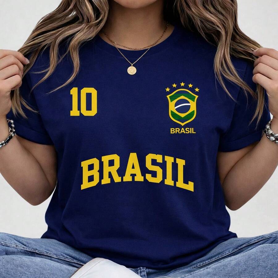 Women's T-Shirt/Blouse, 100% Cotton, Streetwear, Brazil, World Cup, Flag, Soccer - 藏蓝色 - 查看 1