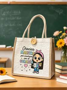 Teacher Letter Floral Print Linen Tote Bag, Teacher's Day Gift, Reusable Printed Tote Bag, Casual Tote Bag, Suitable For Commuting And School - Multicolor - View 3