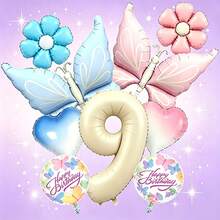Conjunto de globos con temática de mariposas soñadoras, incluye globos con números en blanco lechoso, globos de mariposas en degradado rosa y azul, globos de margaritas, globos de corazones en degradado, adecuado como regalo sorpresa para niños y niñas, fiesta de cumpleaños con tema de hadas, reunión lúdica entre padres e hijos, decoración de habitación femenina, celebración o fiesta del centésimo día del bebé, creando una atmósfera de fiesta inspirada en cuentos de hadas, alegre, suave y enérgica - Ver 20