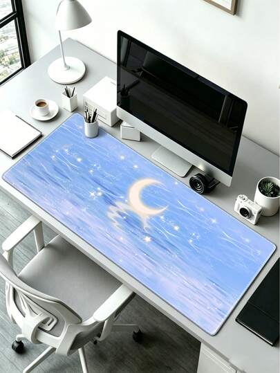 1 pieza Alfombrilla de ratón de juego extra grande con diseño de cielo estrellado y luna, estética de acuarela pastel con borde cosido, base de goma antideslizante para oficina y juegos