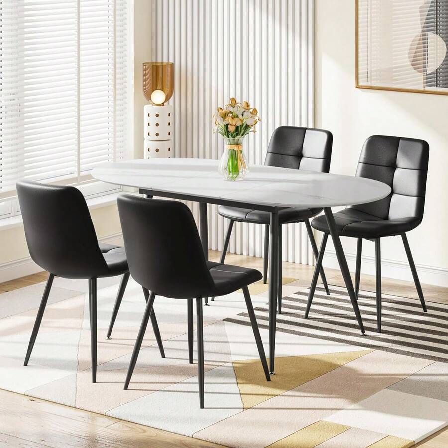 Extendable Dining Table And Chairs Set 4, 120-160cm Oval Concrete Effect Table With 4 Grey Upholstered PU Leather Chairs For Dining Room, Kitchen - 4筆PU黑 - 查看 1