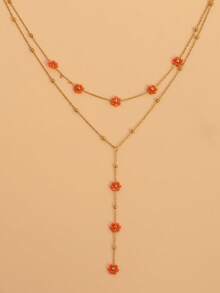 Stainless Steel Multi-Color Beaded Flower Decorative Necklace, Gold-Plated Y-Shaped Chain Necklace, Elegant Minimalist Style, Suitable For Women's Daily Wear, Can Be Used As Valentine's Day, Mom, Mother's Day Gift - Multicolor - View 11