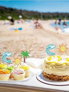 12pcs Summer Cake Decor Toppers, Featuring Starfish, Surfboard, Wave, Sun, Palm Tree, And Other Shaped Cake Decorations; Glittery Beach Party Cupcake Labels; Themed Party Cake Labels; Suitable For Party Cake Decorating Supplies. - Type a - View 3