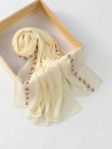 1件女款玫瑰刺繡雪紡頭巾，柔軟透氣多功能圍巾，穆斯林防曬希賈布披肩，簡約風格適合日常穿著，四季皆宜 - 多色-玫瑰刺繡長巾 - 查看 11