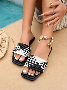Women's Flat Slip-On Sandals, Open Toe Casual Beach Slippers, New Korean Style Square Toe Black Summer Slides - Black and White - View 5