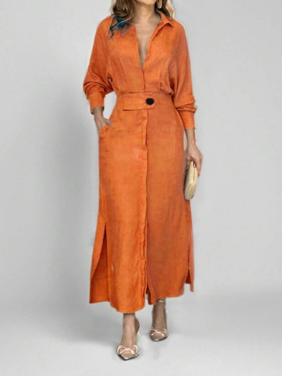 2026 Women's Elegant Clothing Scroll Solid Color Strap Waist Dress Long Dress - 紅色 - 查看 1