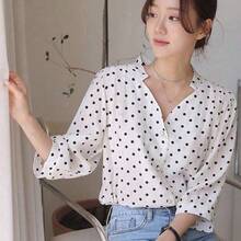 Women's fashion  Blusa casual elegante con cuello en V y estampado de lunares para mujer, top de manga larga con volantes - Blanco - Ver 9