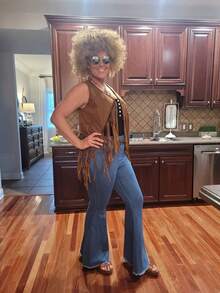 60s 70s Outfits For Women Festival Boho Outfit Set Brown Fringe Vest, Feather Earrings & Beaded Headband Disco Hippie Costume Clothes Vest Brown - Brown - View 9