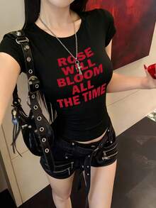 女款圓領短袖T恤，夏季新款字母印花，美式辣妹風，時尚休閒百搭修身短版上衣 - 高級黑色 - 查看 7