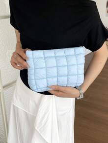 春夏新款絎縫格紋加厚化妝包，休閒手拿包，保暖羽絨填充小包，美學風格 - 藍色 - 查看 8