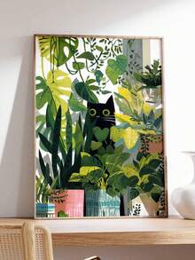 1 pieza Arte de pared en lienzo con gato negro escondido en plantas de la jungla, impresión bohemia tropical de Monstera y plantas de interior, decoración de pared verde minimalista única para amantes de los gatos, adecuada para sala de estar, dormitorio, oficina y apartamento, obra de arte de decoración del hogar única, también un gran regalo, decoración del hogar, decoración de la habitación, decoración del baño, decoración de la sala de estar, decoración del dormitorio, decoración de la cocina, decoración de la oficina, póster de apartamento - A - Ver 1