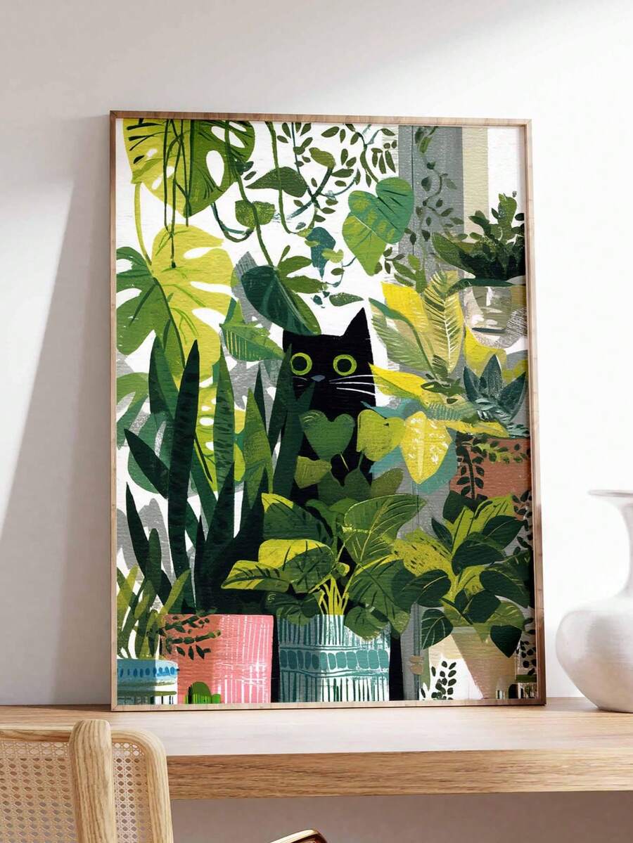 1 pieza Arte de pared en lienzo con gato negro escondido en plantas de la jungla, impresión bohemia tropical de Monstera y plantas de interior, decoración de pared verde minimalista única para amantes de los gatos, adecuada para sala de estar, dormitorio, oficina y apartamento, obra de arte de decoración del hogar única, también un gran regalo, decoración del hogar, decoración de la habitación, decoración del baño, decoración de la sala de estar, decoración del dormitorio, decoración de la cocina, decoración de la oficina, póster de apartamento - A - Ver 1