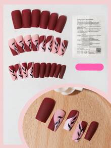 24pcs Retro Wine Red Matte Striped Nail Stickers, Soft Powder Texture, Seamless Fit Anti-Curling, Luxurious Ambiance Nail Wraps Set Nails - Red and White - View 3