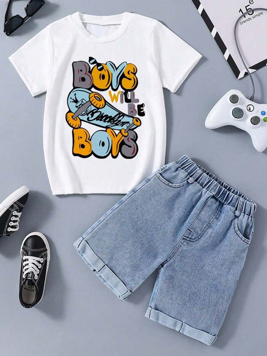 Tween Boy 字母印花短袖 T 恤和牛仔短裤套装 - 白色 - 查看 1
