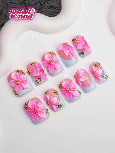 10片方形手工美甲贴片，Y2K 酷炫风格，裸色和蓝色法式边，雕刻图案，钢珠，泡泡珍珠设计，手工制作，可佩戴，适合女性和女孩，闪亮美甲，适合派对、婚礼、日常佩戴，包含工具包，是送给女士和女孩的绝佳礼物。