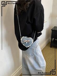 1pc Mini Heart-Shaped Handbag, Fashion Quilted Embroidery Shoulder Bag, Cute Lace Trim Coin Purse, 2026 New Denim Keychain Crossbody Bag For Women - Blue - View 9