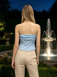 Women's Striped Tube Tops Summer Fashion Off The Shoulder Sleeveless Button Down Shirt - 藍色 - 查看 7