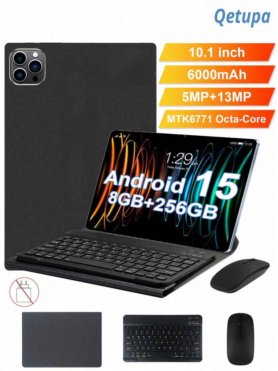 Qetupa Tableta PC Android de 15.1 pulgadas, con funda protectora, teclado y ratón, ligera y portátil para uso de oficina para adultos, procesador MTK6771 Octa-Core a 2.0GHz, 8GB de RAM + 256GB de almacenamiento (ampliable a tarjeta MicroSD de 1TB), pantalla táctil HD (1280x800) IPS, cámara frontal de 5MP y cámara trasera de 13MP