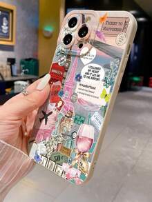 飛機地圖圖案穿孔米色極簡時尚防震手機殼，適用於 17、17 Pro、17 ProMax、16、16Pro、16Plus、16ProMax、15ProMax、S25、S25PLUS、S25 Ultra、S24、S24Ultra，旅行 - 彩色 - 查看 3