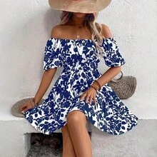 New Printed Casual Off-Shoulder Dress, Short-Sleeved Loose Floral Print Dress - Blue - View 2