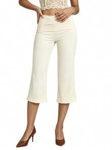 Womens Wide Leg Capris Casual Fold Over Waist Stylish Solid Color Mid Rise Cropped Pants - Yellow - View 3