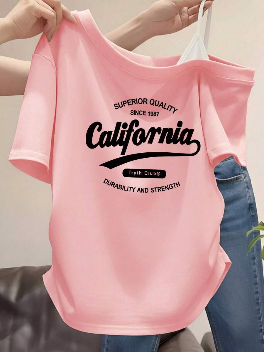 白色單肩直領 California 字母印花短袖女款夏季修身顯身材辣妹風休閒上衣 粉色 - 粉色 - 查看 1