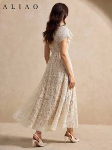 ALIAO Vestido de mujer de otoño con encaje de cachemira transparente y tirantes de espagueti, vestido formal de estilo vintage de corte para boda, fiesta, vestido femenino elegante de verano - Albaricoque - Ver 6