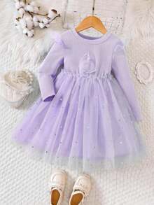 Young Girls' Cartoon Knit Contrast Mesh Princess Dress, Suitable For Spring & Autumn - Purple - View 2