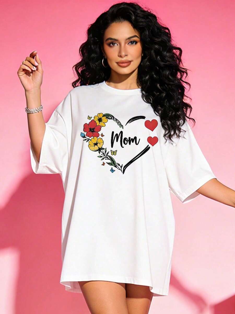 Women's Summer T-Shirt, Casual, Soft, Round Neck, Short Sleeve, Floral Print With Heart And The Word "Mom". White. - 白色 - 查看 1