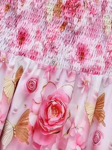Ensemble 2 pièces pour femmes avec cardigan en mousseline élégant + robe imprimée, imprimé floral romantique sur tout le corps, élégant bohème sexy pour la nuit, les vacances, la plage, rose d'été - Rose bonbon - Voir 10