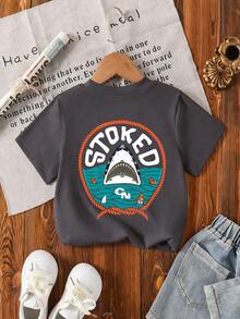 3pcs/Set Young Boy Casual Funny Print Round Neck Short Sleeve T-Shirt, Summer Top - Apricot - View 4