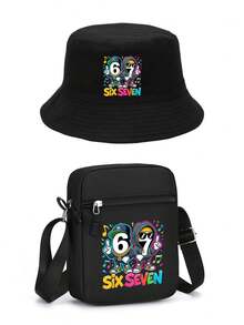 Ensemble seau et sac bandoulière imprimé de mème viral de dessin animé streetwear hip-hop 67, tenue unisexe originale pour tous les jours et toutes les saisons - Multicolore - Voir 1