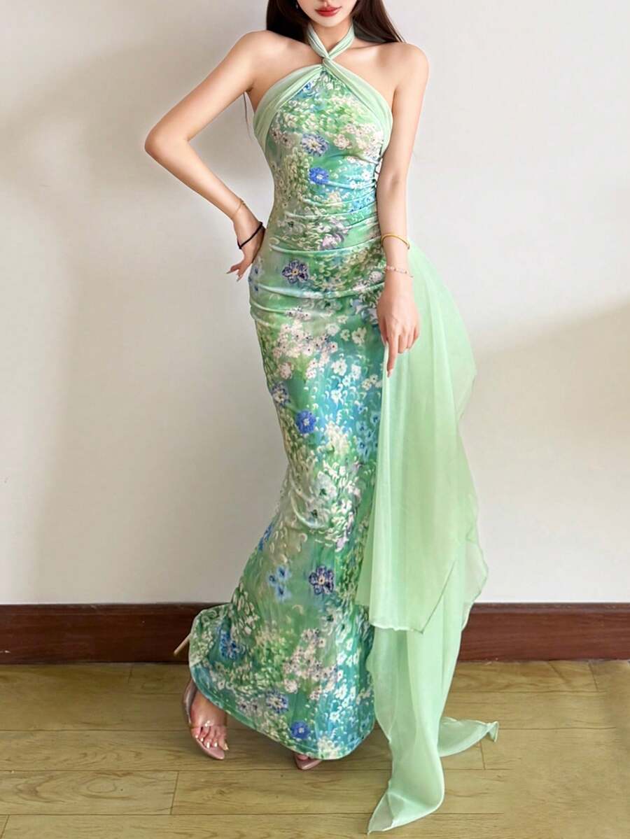 YeonC 女士无袖露背修身长连衣裙,采用花卉针织面料制成,优雅的女士派对礼服,适合女士婚礼和晚宴穿着。 - 綠色 - 查看 1