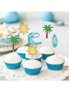 12pcs Summer Cake Decor Toppers, Featuring Starfish, Surfboard, Wave, Sun, Palm Tree, And Other Shaped Cake Decorations; Glittery Beach Party Cupcake Labels; Themed Party Cake Labels; Suitable For Party Cake Decorating Supplies. - Type a - View 7