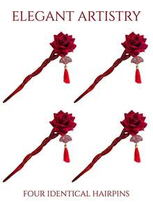 1pc/2pcs Red Rose Tassel Hair Stick, ABS Material, Classical Elegant Updo Hair Accessory, Chinese Vintage Romantic Hair Pin, Suitable For Hanfu, Wedding, Banquet, Festival, Party, Date, Commute, Photography, Daily Wear - Multicolor - View 7