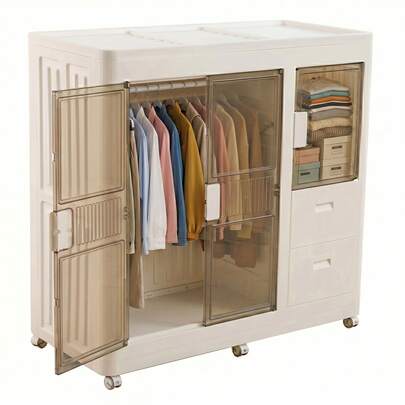 Well Home Armario Plegable WELLHOME con Ruedas, 2 Compartimentos y 2 Cajones Blanco 100x46,5x96,5 cm, Organizador Apilable Multifuncional para Dormitorio, Oficina y Hogar, Diseño Moderno para Ropa, Accesorios y Ahorro de Espacio