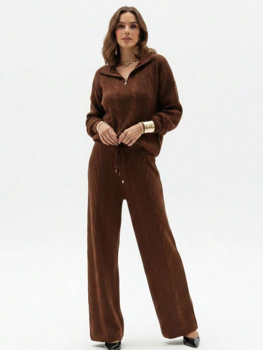Knitted Set With Zippered Blouse And Pants. - Óxido marrón - Ver 1