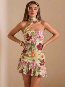Vestido mini con estampado floral, escote halter y volantes para mujer, vestido floral, vestido de vacaciones, vestido de verano, vestido de playa - Multicolor 2 - Ver 5
