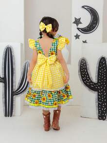 Short-Sleeved Puff-Sleeved Dress For Girls, Luxury Children's Clothing, Versatile, Stylish, Blogger-Worthy, Birthday Gift, Flared With Ruffles, Country, June Festival, Events, Party, Floral Print, Plaid, Premium, Square Dance, São João Set With Bow, Flowers, Lace. - 黃色 - 查看 4