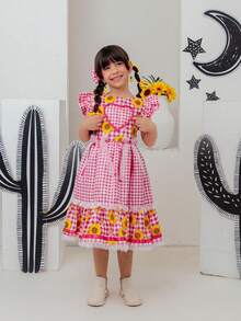 Short-Sleeved Puff-Sleeved Dress For Girls, Luxury Children's Clothing, Versatile, Stylish, Blogger-Worthy, Birthday Gift, Flared With Ruffles, Country, June Festival, Events, Party, Floral Print, Plaid, Premium, Square Dance, São João Set With Bow, Flowers, Lace. - 玫紅色 - 查看 3