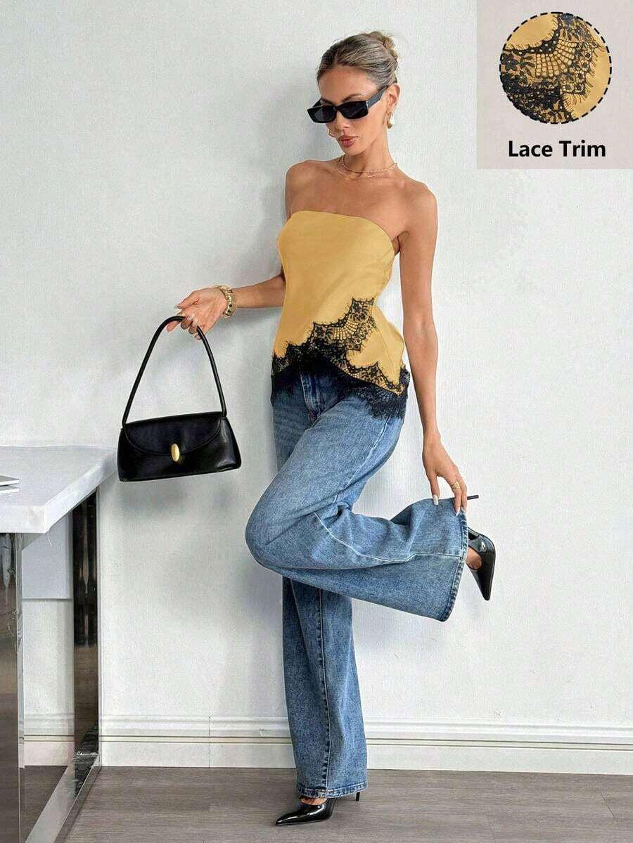 Top bandeau de satén mate con ribete de encaje, de moda casual de verano para playa y resort para mujer - Amarillo - Ver 1