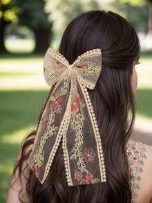 1件復古森系刺繡蕾絲蝴蝶結髮飾頭飾 - 彩色 - 查看 6
