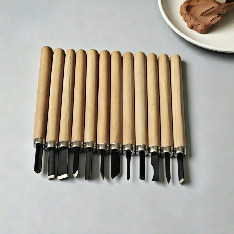 Bộ 12 dụng cụ chạm khắc đa lưỡi & cán gỗ công thái học, dùng cho chạm khắc gỗ, gốm sứ, in ấn, vật dụng nghệ thuật thân thiện với người mới bắt đầu - Dao khắc đất sét nhiều kích cỡ - Xem 1