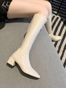 Botas de caña alta con punta cuadrada de unicolor minimalista, botas largas elegantes de tacón grueso para ir al trabajo - Beis - Ver 4