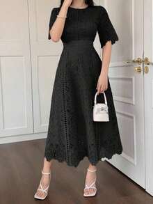 Vestido corto de manga corta de encaje soluble en agua, elegante y juvenil, vestido de de moda de alta gama - Negro 2 - Ver 4