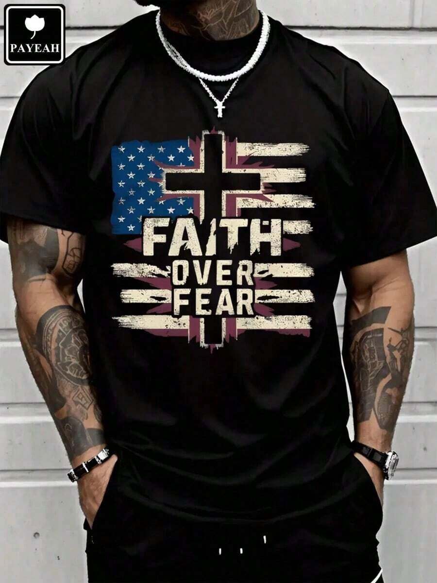 1 pieza PAYEAH Camiseta de Hombre Fe Sobre el Miedo 100% Algodón Pesado Camiseta 180g 100% Algodón suave - Negro - Ver 1