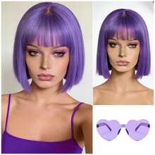 Cyberpunk Bob Wig & Glasses Set - 20+ Neon Colors With Adjustable Fringe | Multi-Tone Synthetic Hair For Cosplay, Rave, Halloween & Daily Bold Fashion (Hot Red/Lime Green/Orange/Light Pink/Plum Purple/Neon Blue/Neon Lilac/Golden Blonde/Black) - 淡紫色 - 查看 6